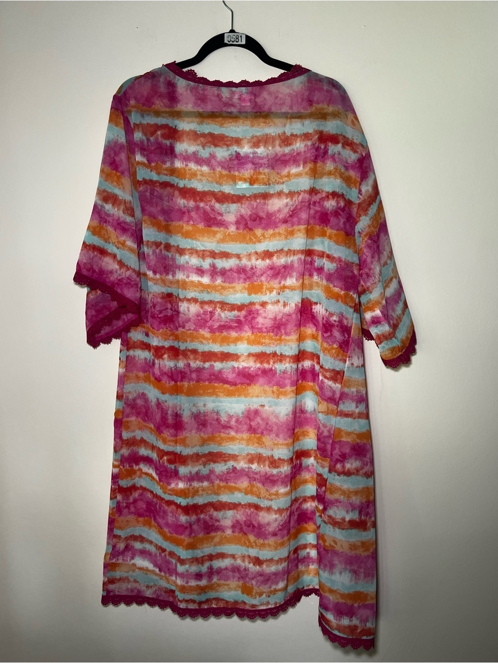 LuLaRoe Pink, Orangey & Light Blue Watercolor Striped Bohemian Overlay - Picture 5 of 6